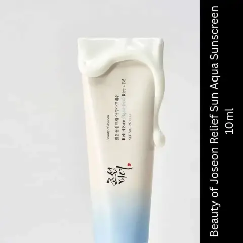 Beauty of Joseon Relief Sun Aqua-Fresh white sunscreen tube with rice packaging design standing upright.