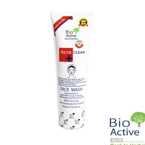 Bio Active Acne Clear Face Wash, white and green tube, standing upright on a white background.