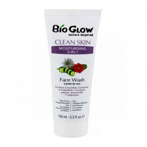 Bio Glow Clean Skin Moisturising 3-in-1 Face Wash 100ml white tube, blue cap.