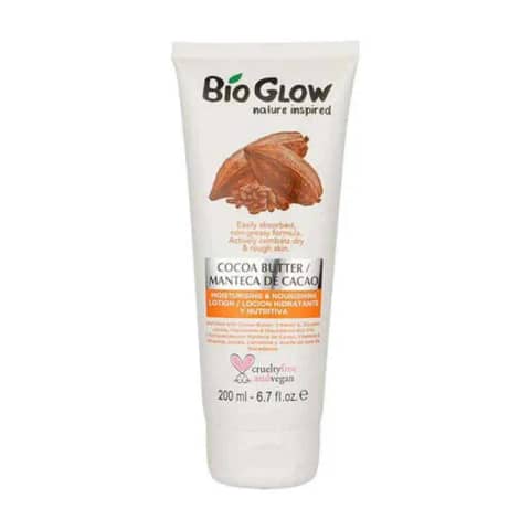 Bio Glow Cocoa Butter Lotion 200ml in a light brown bottle with dark cap, standing upright.