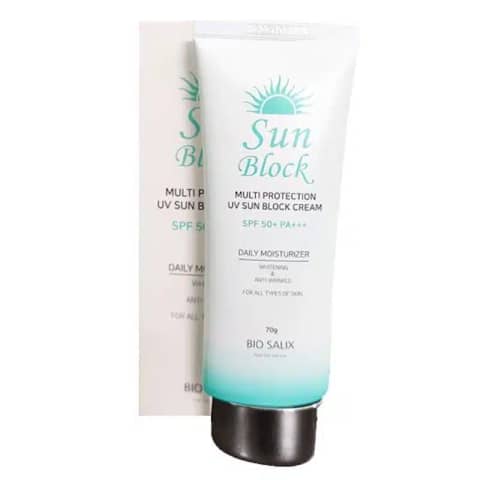 Bio Salix Multi Protection UV Sunblock SPF 50+ PA+++ 70g white tube, standing upright.