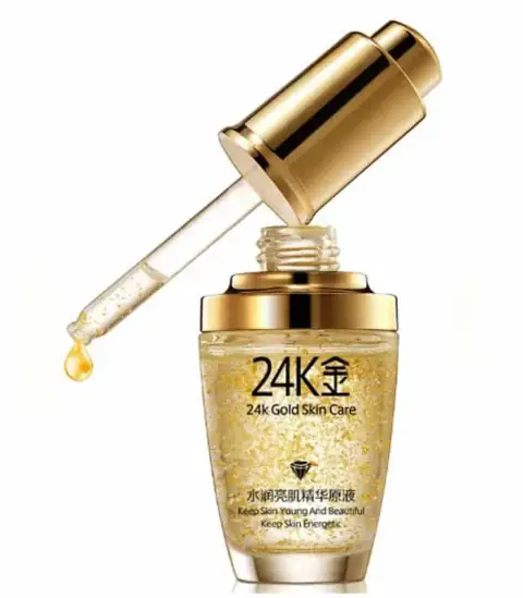 Bioaqua 24K Gold Skin Care Serum in clear glass dropper bottle with shimmering golden liquid.