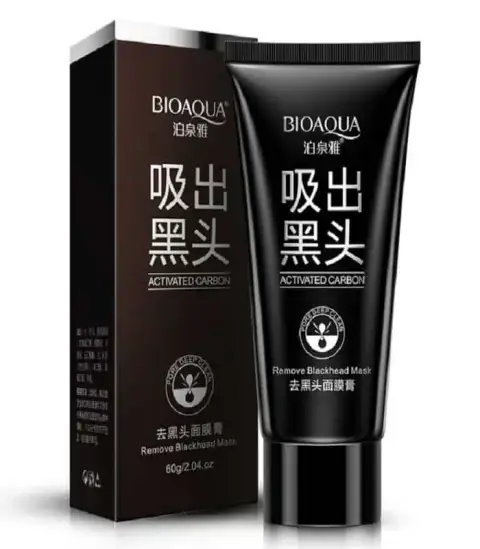 Authentic Bioaqua Activated Carbon Blackhead Mask, sleek black and silver tube, standing upright.