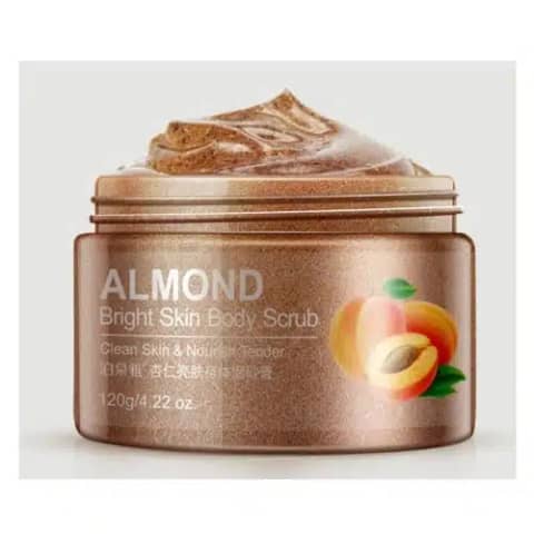 Bioaqua Almond Body Scrub 120gm tube, white and gold packaging, prominent almond graphics.