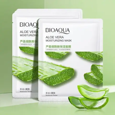 Front view of Bioaqua Aloe Vera Moisturizing Sheet Mask 25g in green and white packaging with aloe leaf.
