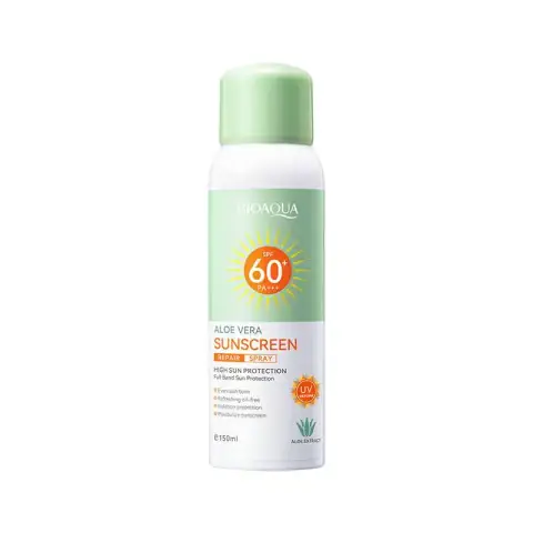 Bioaqua Aloe Vera Sunscreen Repair Spray, white bottle with green accents, standing upright, front view.