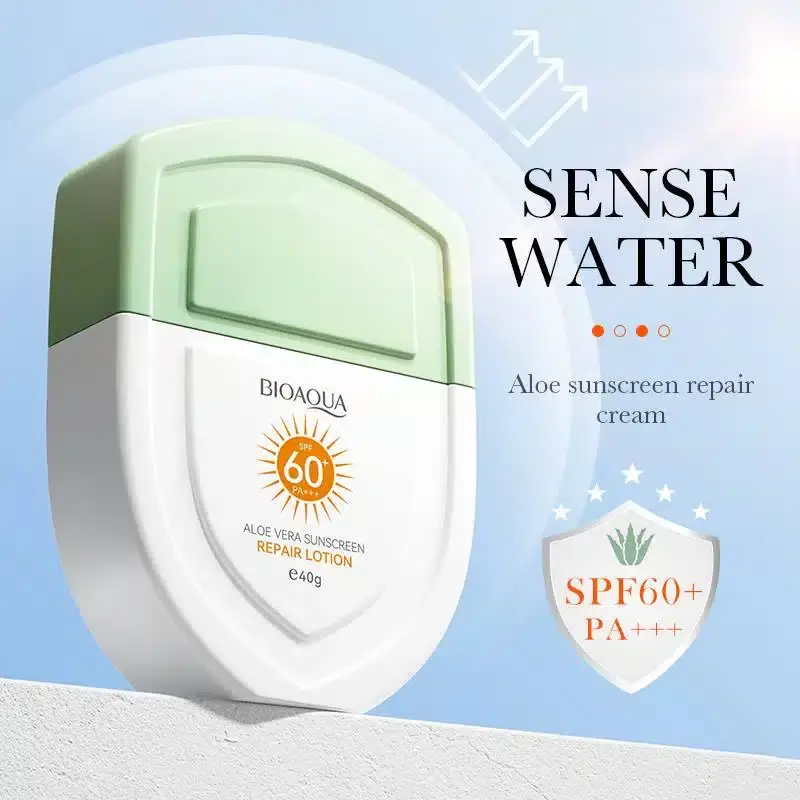 Horizontal Bioaqua Aloe Vera Sunscreen 40g tube displaying detailed back label information. - thumbnail