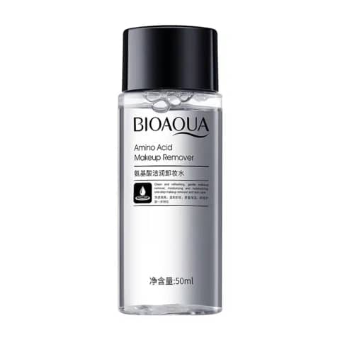 Clear Bioaqua Amino Acid Makeup Remover 50ml bottle, blue cap, standing upright on white.
