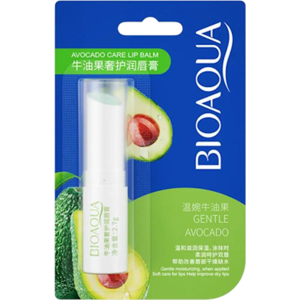 Bioaqua Avocado Moisturizing Lip Balm in green packaging with pale green stick twisted up, ready to use.
