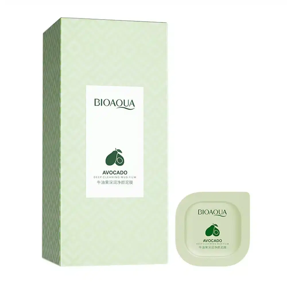 Bioaqua Avocado Mud Mask box in light green, featuring 8 individual cleansing pouches, front view. - thumbnail