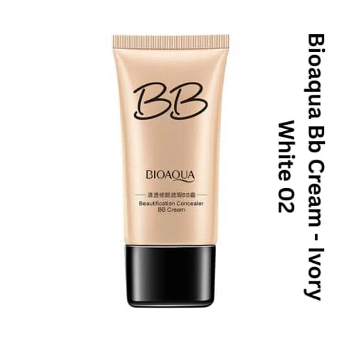 Bioaqua BB Cream Ivory White 02 tube, sleek light beige with elegant gold cap, standing.