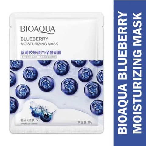 Bioaqua Blueberry Moisturizing Sheet Mask 25g in vibrant blue packaging with fresh fruit illustration.