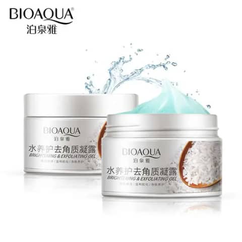 Front view of Bioaqua Brightening & Exfoliating Rice Gel 140g, white tube with silver cap.