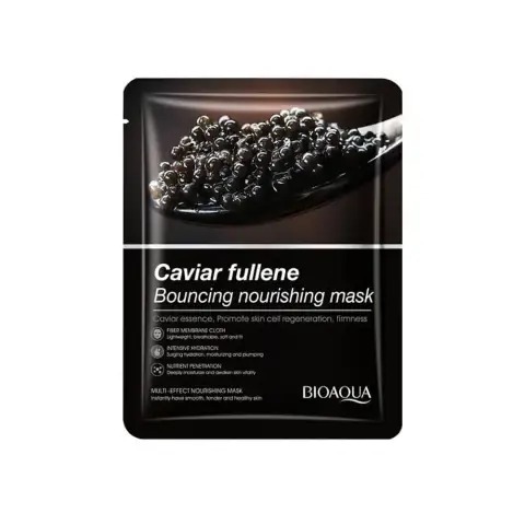 Bioaqua Caviar Fullene Sheet Mask 25g, dark blue packaging with golden caviar illustration on white background.