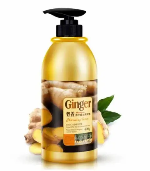 Front-facing Bioaqua Ginger Shampoo bottle, a 400gm golden container with pump dispenser.