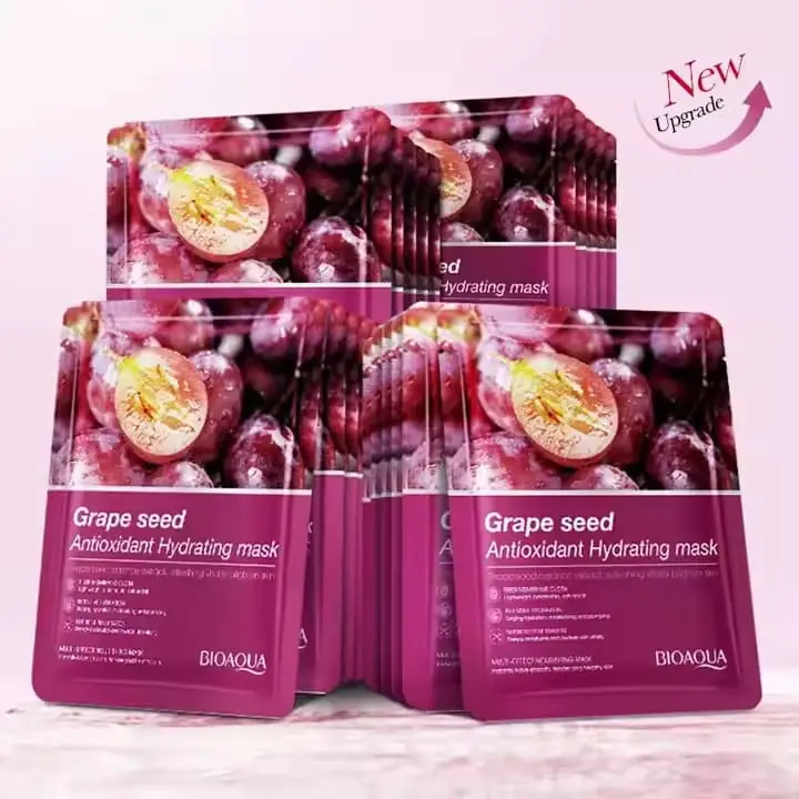 Close-up of Bioaqua Grape Seed facial sheet mask material with a hydrating serum drop. - thumbnail