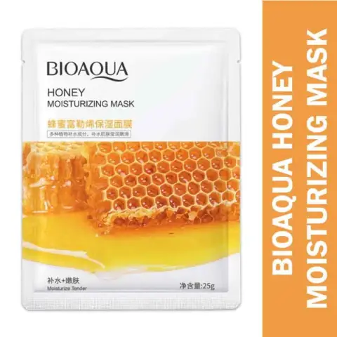 Golden Bioaqua Honey Moisturizing Sheet Mask packet with honeycomb texture and elegant dripping honey graphics.