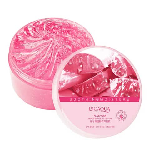 Bioaqua Hydrating Pink Aloe Vera Gel 300g jar, clear packaging, vibrant pink gel visible inside.