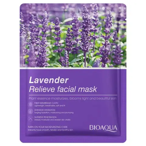 Bioaqua Lavender Relive Face Sheet Mask sachet, showcasing purple packaging with elegant lavender flowers.