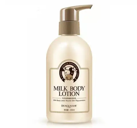 Bioaqua Milk Body Lotion 250ml, a white pump bottle with blue branding shown upfront.