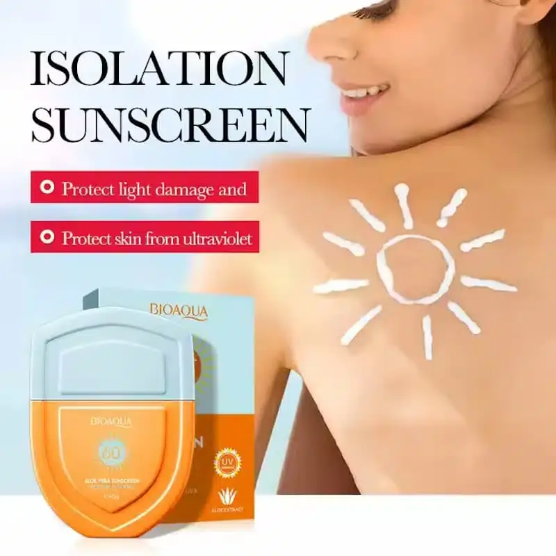 Bioaqua Moisturizing Aloe Vera Sunscreen SPF 60+PA+++ tube lying flat, showing detailed back label. - thumbnail