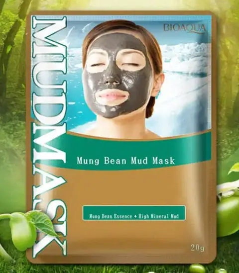 Bioaqua Mung Bean Mud Mask in green jar with white lid, featuring bean illustration.