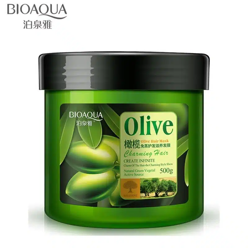 Bioaqua Olive Hair Mask 500gm white jar with green lid, showing front label clearly. - thumbnail