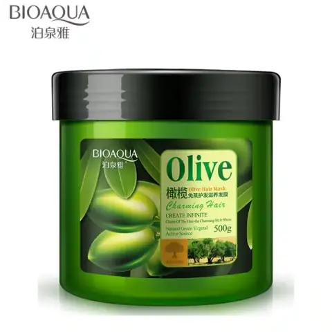 Bioaqua Olive Hair Mask 500gm white jar with green lid, showing front label clearly.