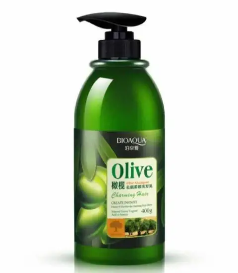 Bioaqua Olive Shampoo 400ml bottle, vibrant green with visible pump dispenser on white background.