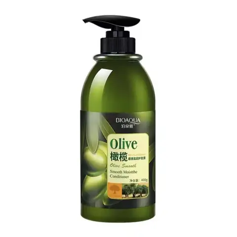 Bioaqua Olives Smooth Conditioner in a dark green pump bottle with olive graphic, front view on white.