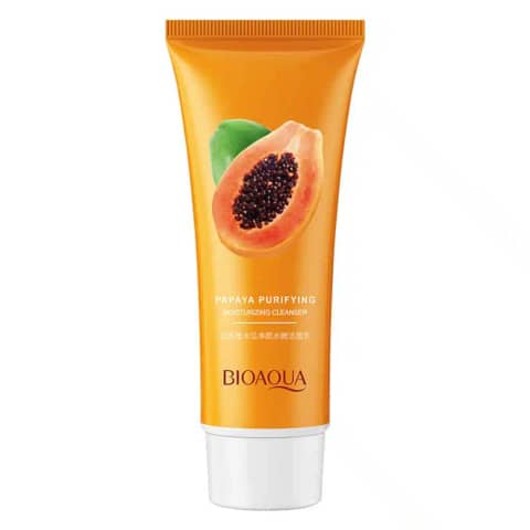 Bioaqua Papaya Cleanser 100g tube featuring vibrant papaya graphics and a dollop of creamy product.