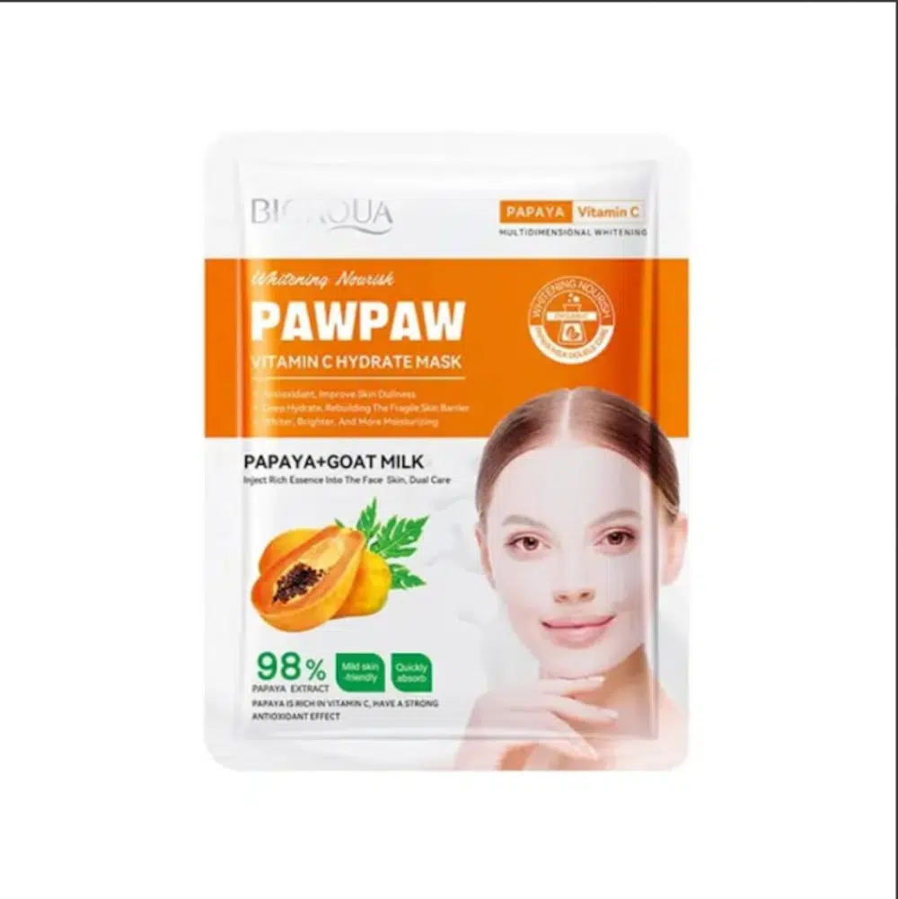 Bioaqua Paw Paw Vitamin C Papaya Sheet Mask in a white and yellow pouch with vibrant papaya illustration.