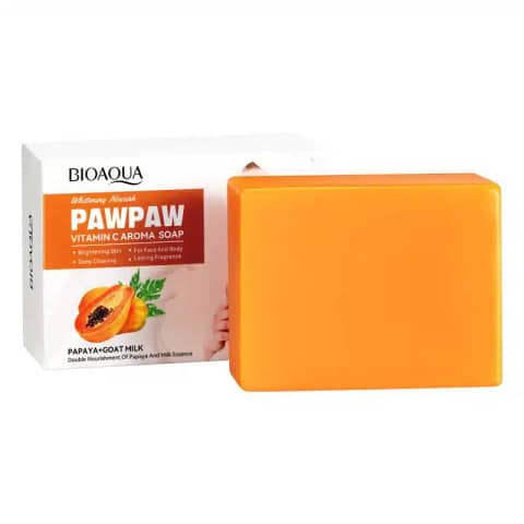 Bioaqua Paw Paw Vitamin C Papaya Soap 100g in orange and white box, angled front view.