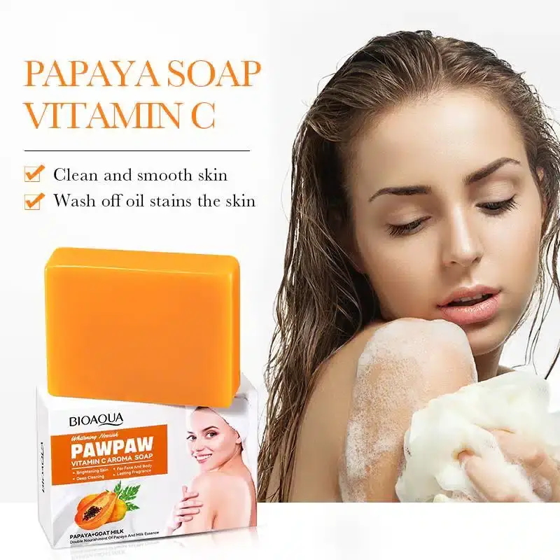 Three Bioaqua Paw Paw Vitamin C Papaya Soap 100g boxes stacked on white background. - thumbnail
