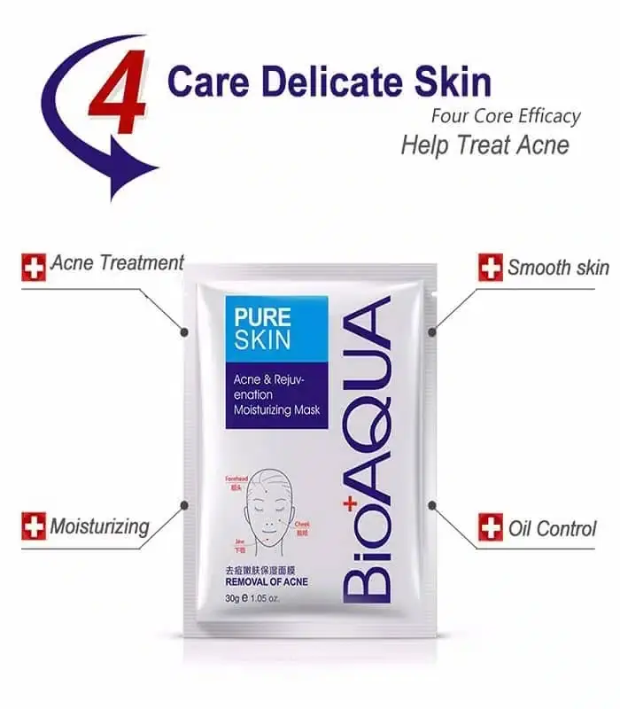 Hand holding open Bioaqua Pure Skin Acne Rejuvenation Sheet Mask packet, revealing white mask. - thumbnail