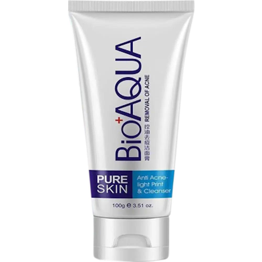 Bioaqua Pure Skin Face Wash 100ml white and blue tube, front view, standing upright.