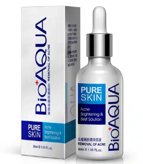Bioaqua Pure Skin acne removal serum in white dropper bottle with silver cap.