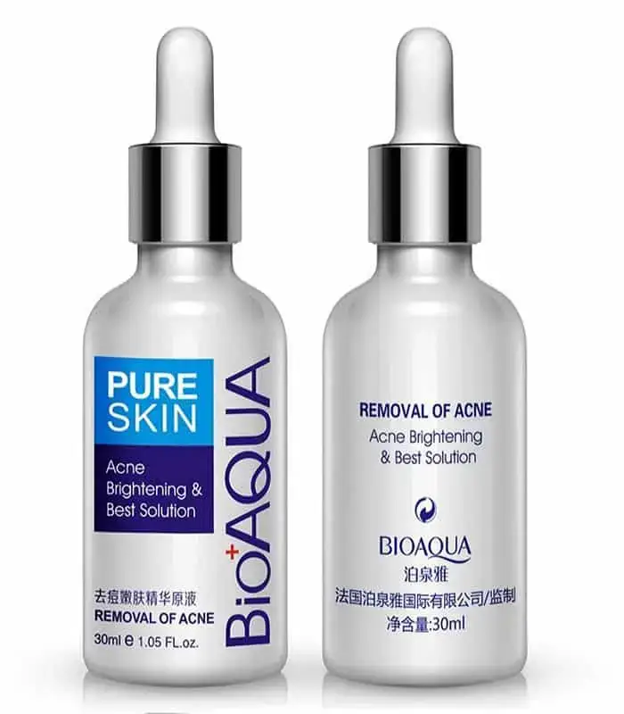 Two Bioaqua Pure Skin acne serum bottles with white droppers and silver caps. - thumbnail