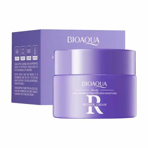 Bioaqua Retinol Anti-Wrinkle Cream 60g, elegant white jar with golden lid, front view.