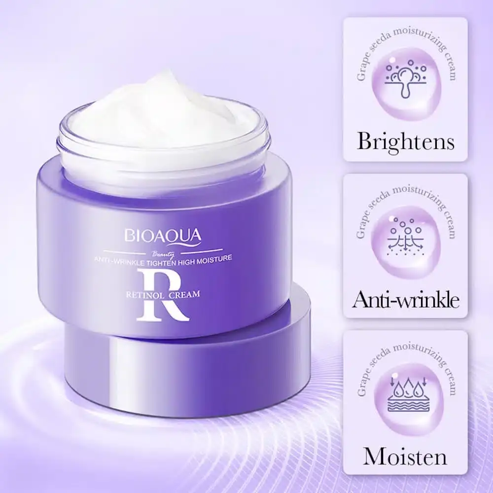Open Bioaqua Retinol Anti-Wrinkle Cream jar with finger scooping white, smooth product texture. - thumbnail