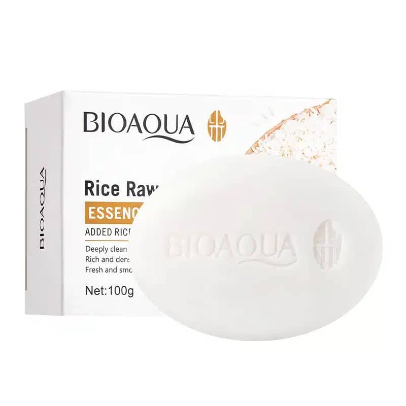 Bioaqua Rice Essence Soap bar, creamy white, partially unwrapped with scattered rice grains for oil control. - thumbnail