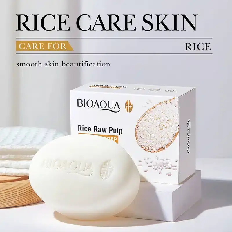 Bioaqua Rice Essence Soap 100g retail packaging box, white and gold with rice illustrations. - thumbnail