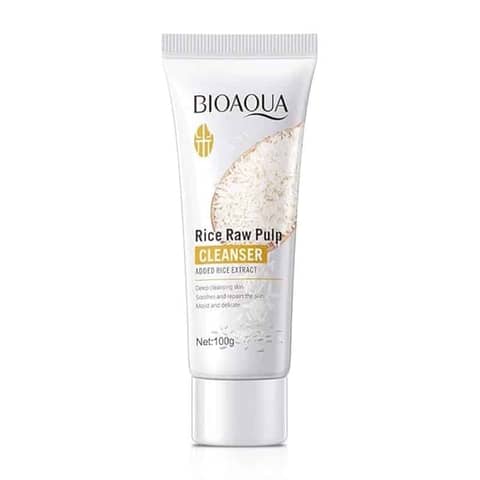 Bioaqua Rice Raw Pulp Cleanser 100ml tube, white and gold packaging, standing upright.
