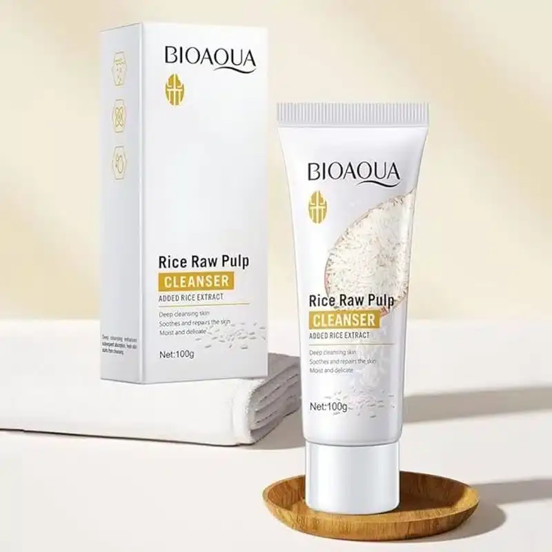 Bioaqua Rice Raw Pulp Cleanser tube displaying product details and ingredients on its side. - thumbnail