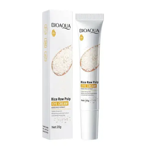 Bioaqua Rice Raw Pulp Eye Cream 20g, white tube with gold cap, clearly showing front label.