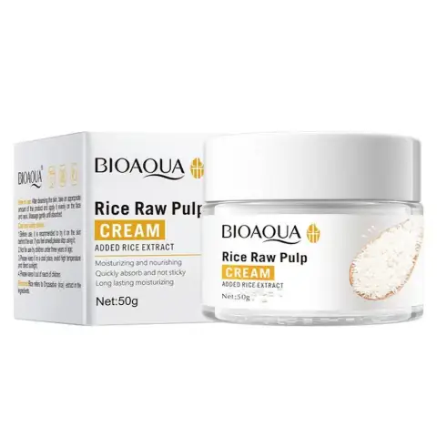 Bioaqua Rice Raw Pulp Face Cream 50g jar, white and gold packaging, angled on white background.