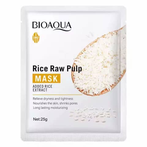 Bioaqua Rice Raw Pulp Facial Sheet Mask sachet, white and green packaging with rice illustration.