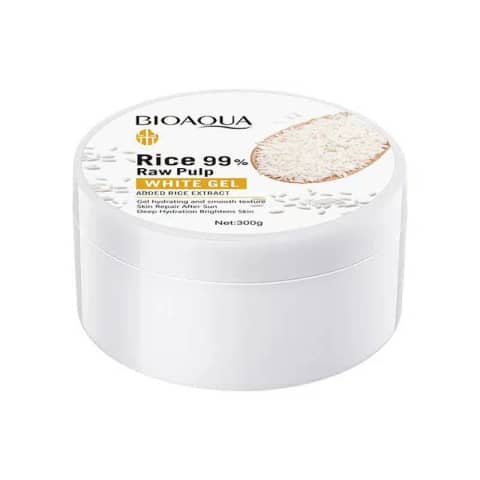 Full view of Bioaqua Rice Raw Pulp moisturizing brightening gel 300g in its white jar with a golden lid.