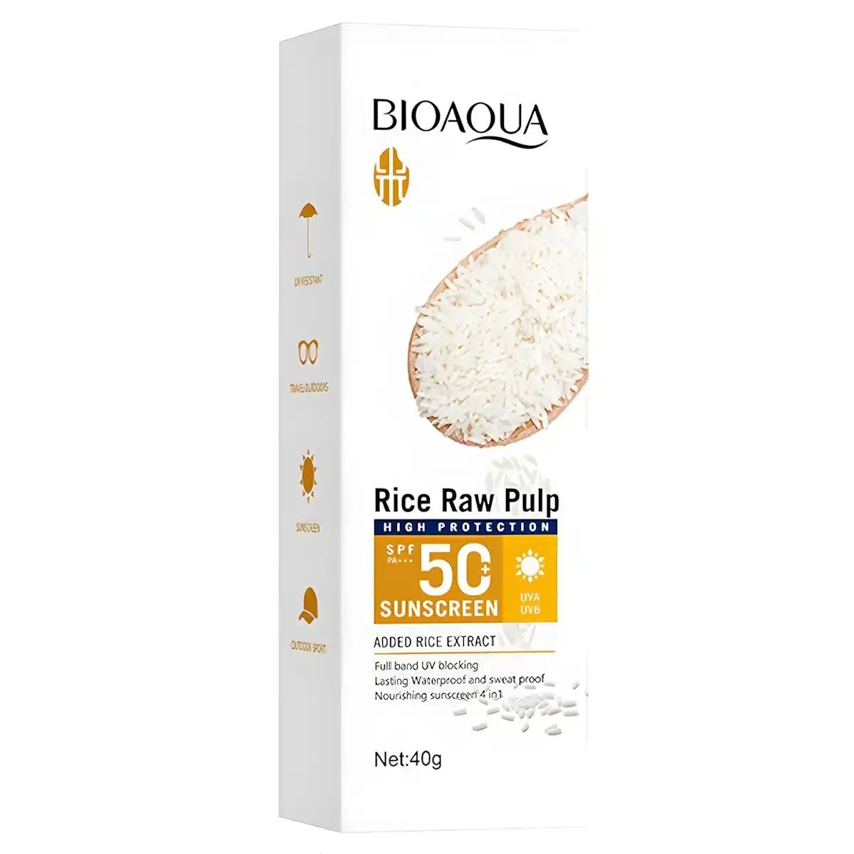 Bioaqua Rice Raw Pulp Sunscreen SPF 50+ tube and its white-green protective packaging box displayed. - thumbnail