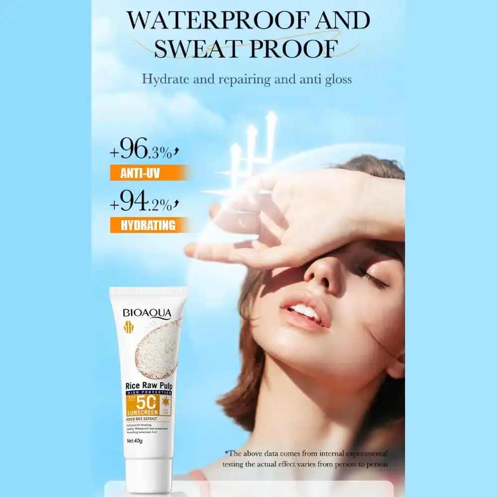 Close-up of Bioaqua Rice Raw Pulp Sunscreen tube with shiny silver cap, angled view. - thumbnail